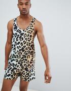 Asos Design Festival Two-piece Racer Back Tank In Leopard Print Sateen - Yellow