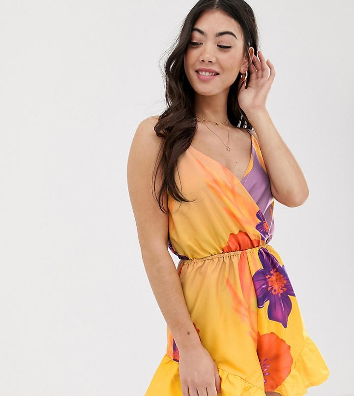 Parisian Petite Cami Strap Romper In Yellow Floral - Yellow