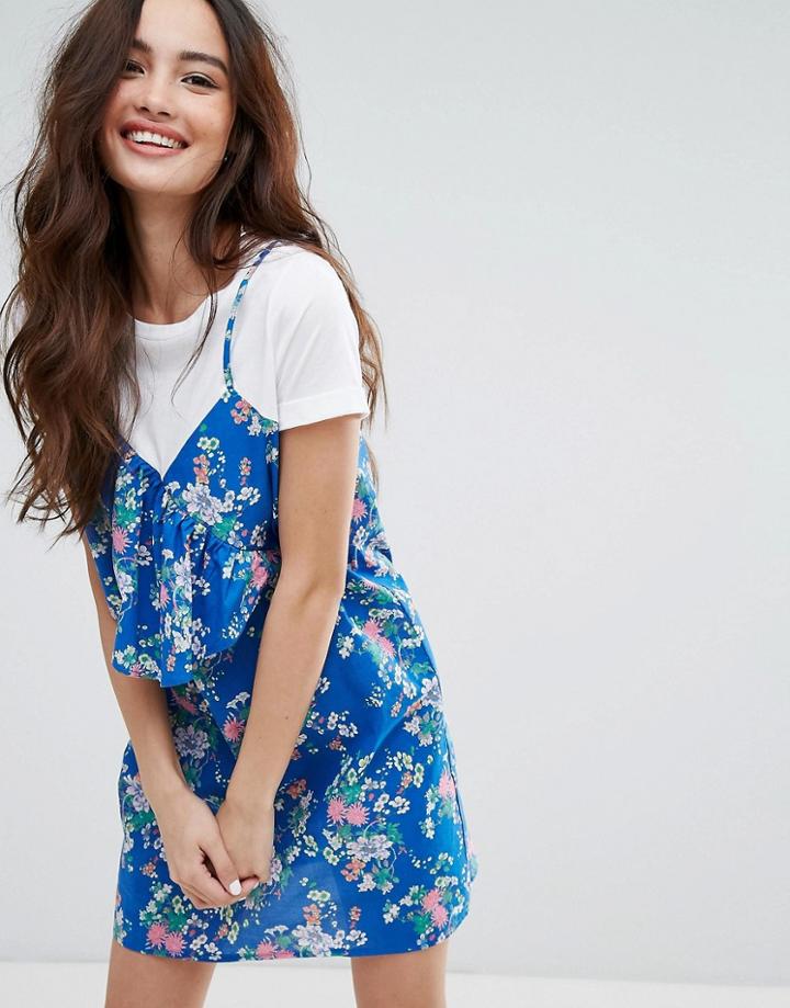 Pull & Bear Tropical Print T-shirt Cami Dress - Blue