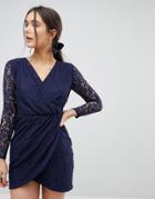 Qed London Lace Wrap Front Dress - Navy