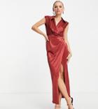 Asos Design Petite Collared Maxi Dress With Side Tuck In Satin Burnt Henna-multi