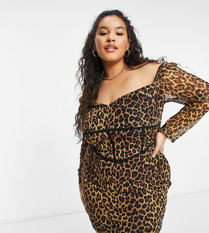 Naanaa Plus Mesh Body-conscious Dress In Leopard Print-brown