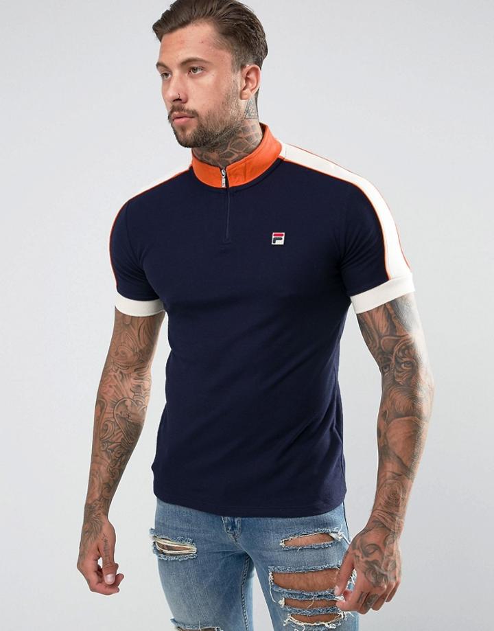 Fila Vintage Funnel Zip Polo Shirt In Navy - Navy