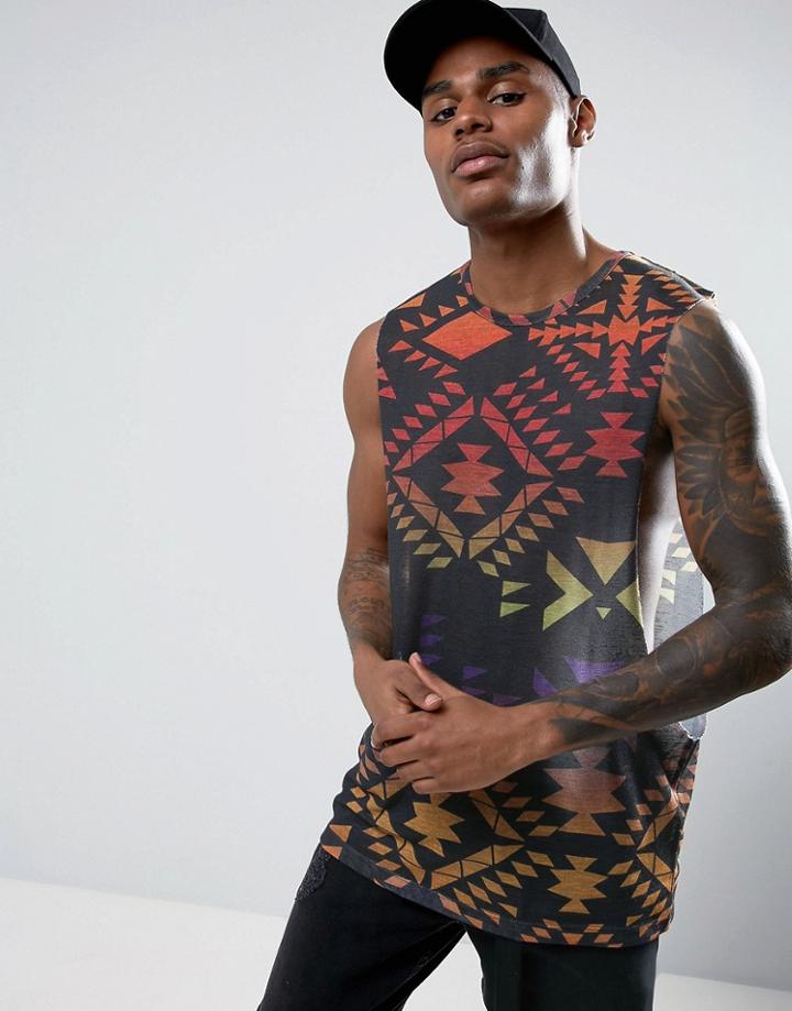 Asos Sleeveless T-shirt With Extreme Dropped Armhole In Linen Look Fabric With Geo-tribal Print - Multi