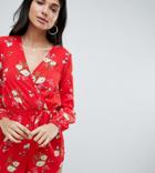 Parisian Tall Floral Long Sleeve Wrap Romper - Red