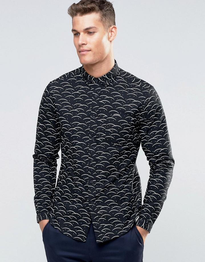 Asos Oxford Shirt With Ditsy Print In Black With Long Sleeves - Black