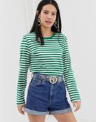 Monki Long Sleeve Top In Stripe Green And White - Black