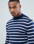 Asos Design Knitted Striped Turtleneck Sweater In Navy - Navy