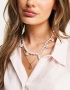 Asos Design Multirow Necklace With Blush Pearls And Flower Pendant In Gold Tone