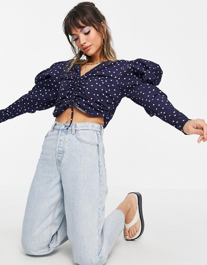 Asos Design Cotton Ruched Front Top In Polka Dot Print-multi