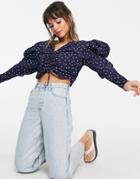 Asos Design Cotton Ruched Front Top In Polka Dot Print-multi