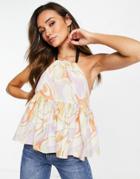 Asos Design Cotton Peplum Cami Top In Swirl Print With Contrast Tie-multi