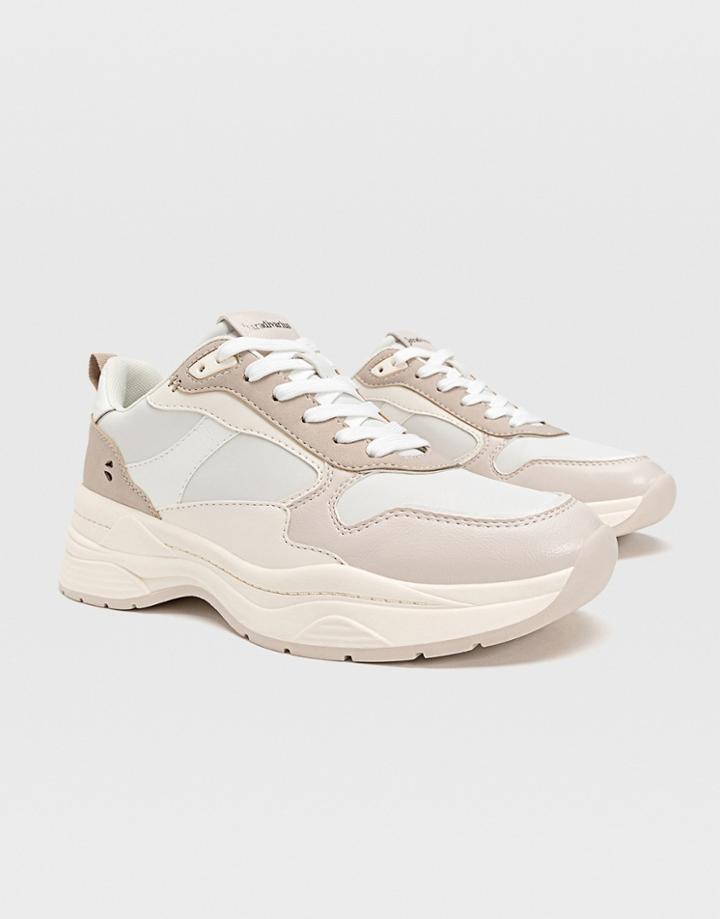 Stradivarius Chunky Retro Sneakers In White And Beige