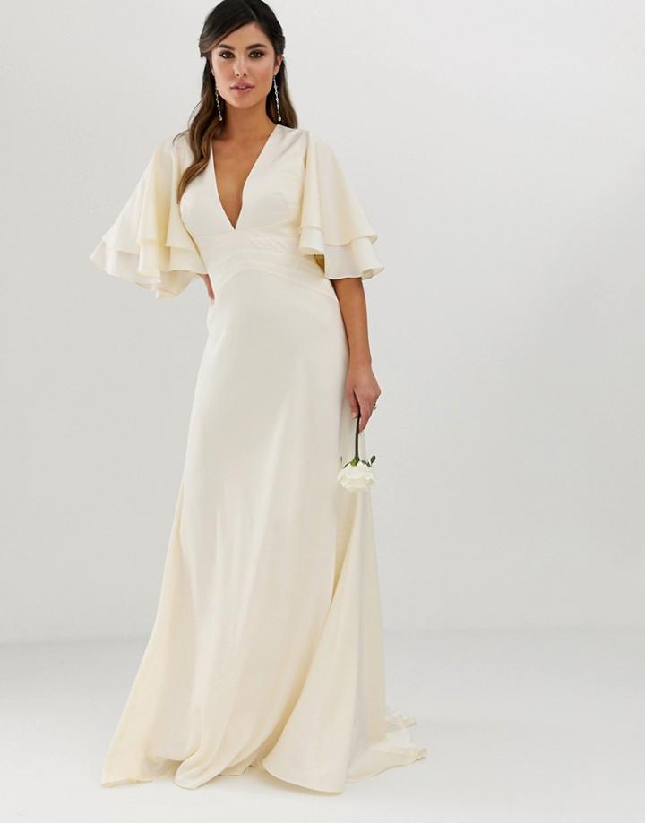 Asos Edition Satin Paneled Wedding Dress With Flutter Sleeve-cream