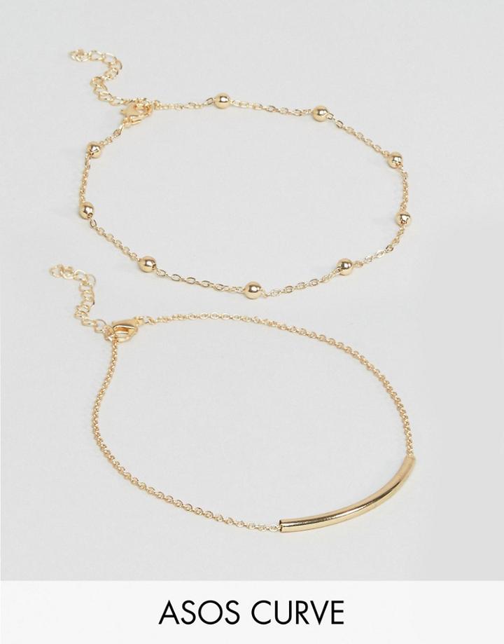 Asos Curve Pack Of 2 Bar And Ball Chain Anklets - Gold