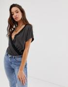 Asos Design T-shirt Wrap Body With Lace Trim-gray