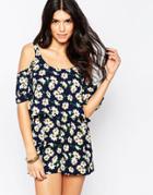 Parisian Layered Cold Shoulder Romper In Daisy Print - Navy