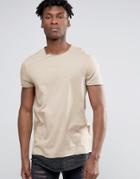 Asos Super Longline T-shirt With Scoop Neck And Stripe Hem Extender - Beige