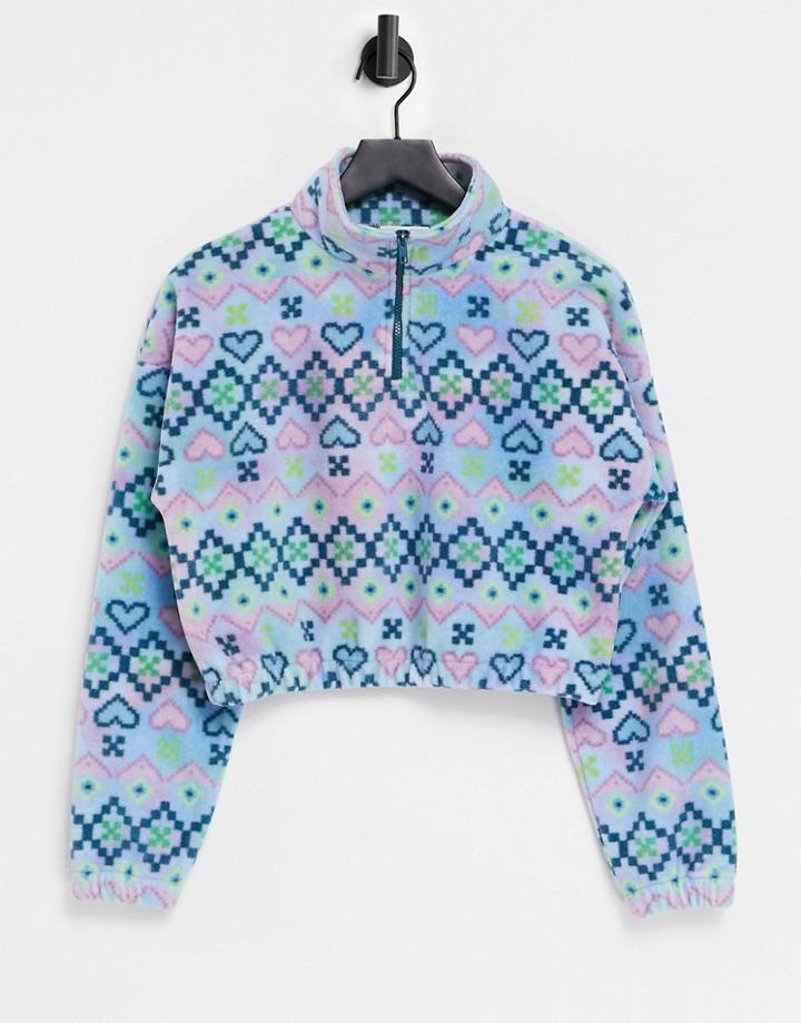 Vintage Supply Half Zip Nordic Style Printed Fleece Set-blues