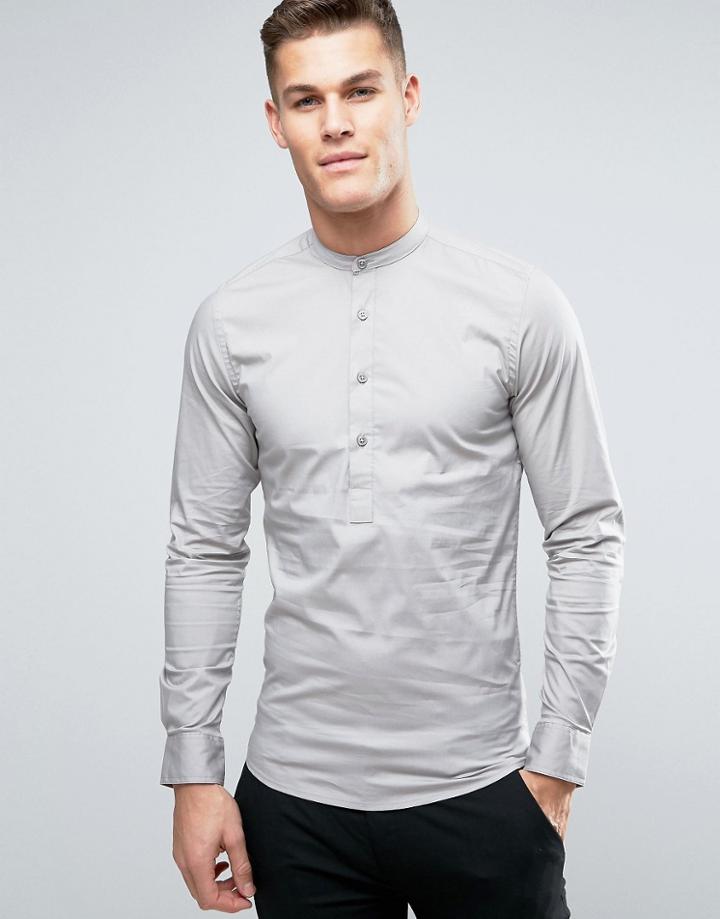 Only & Sons Skinny Half Placket Grandad Shirt - Gray