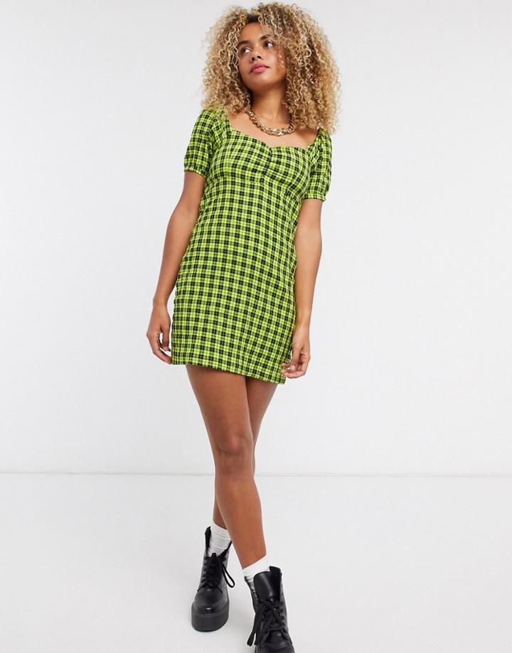 Noisy May Skater Dress With Puff Sleeves In Green Check-black