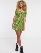 Noisy May Skater Dress With Puff Sleeves In Green Check-black