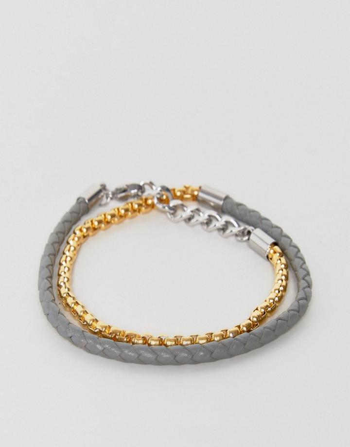 Seven London Leather & Chain Bracelet In Gray & Gold - Gray