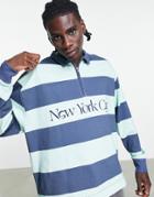 Asos Design Oversized Rugby Sweatshirt In All-over Stripes With New York City Print-blues