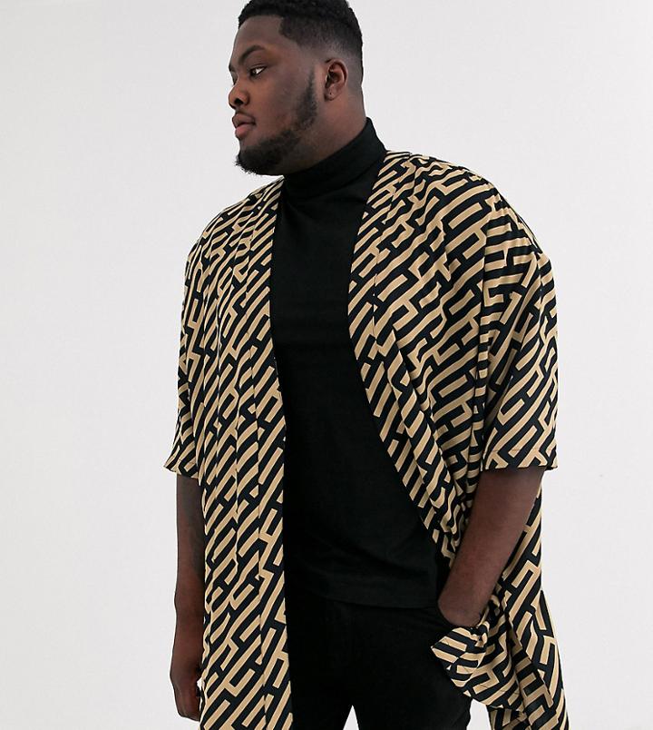 Asos Design Plus Kimono In Gold Monogram Print