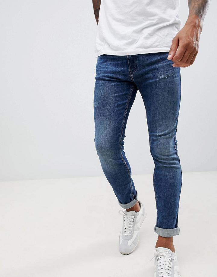Hugo 734 Skinny Fit 5 Pocket Jean With Stretch & Abrasions In Mid Wash - Blue
