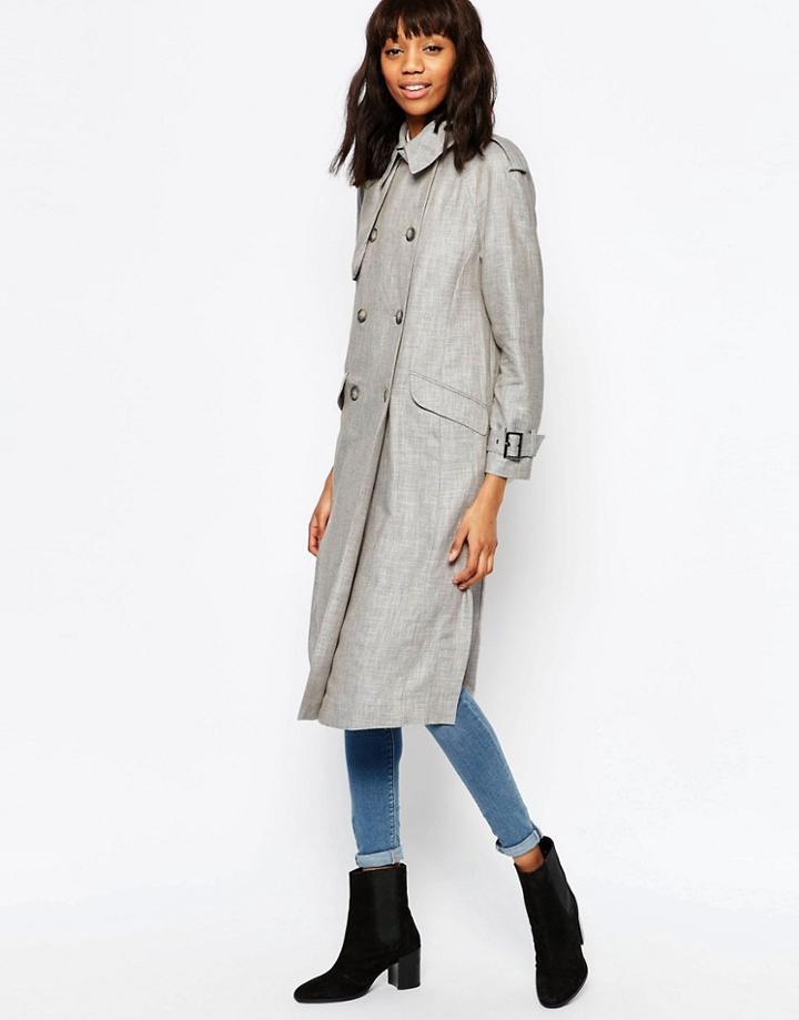 Asos Trench Coat In Linen - Gray