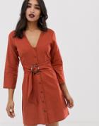 Asos Design Casual Button Through Mini Dress With Belt Detail-red