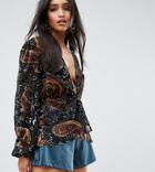 Lioness Allover Contrast Devore Velvet Plunge Crop Top - Multi