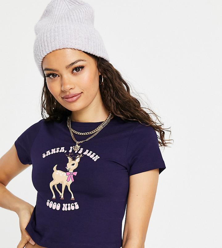 Asos Design Petite Christmas Shrunken Cute Reindeer T-shirt In Black