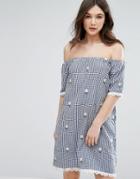 Qed London Off Shoulder Gingham Dress With Embroidered Daisies - Navy