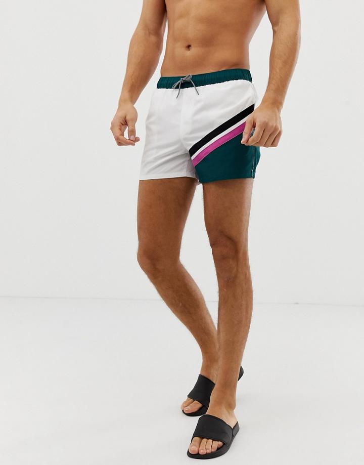Asos Design Swim Shorts In Retro Cut & Sew With Black & White Drawcord In Short Length