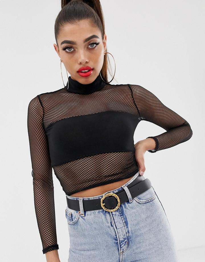 Asos Design Fishnet Mesh Top With High Neck - Black