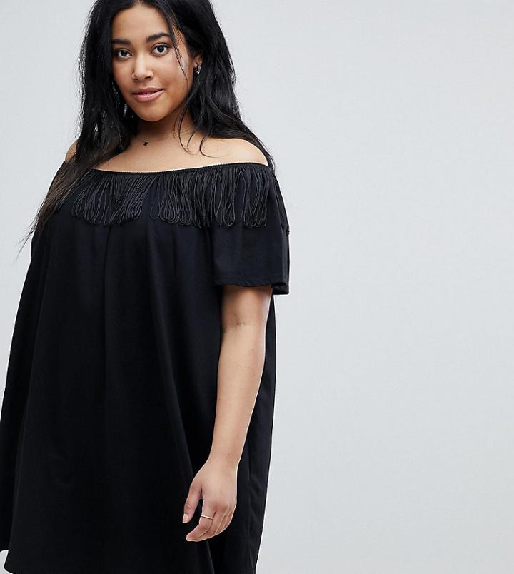 Asos Curve Off Shoulder Sundress With Fringing Detail - Black