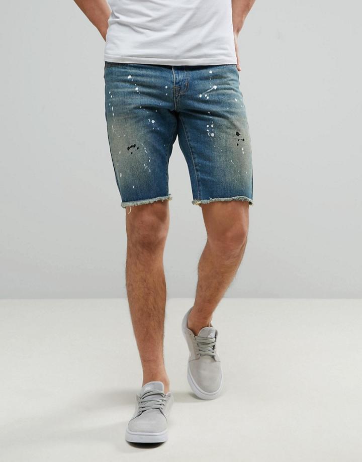 Always Rare Donny Denim Short Mid Wash Painted - Blue