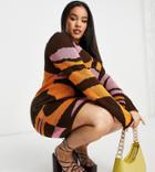 Asos Design Curve Knit Mini Dress With Open Collar In Swirl Pattern-multi