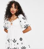 Asos Design Petite Puff Sleeve Mini Dress With Black Embroidery In White