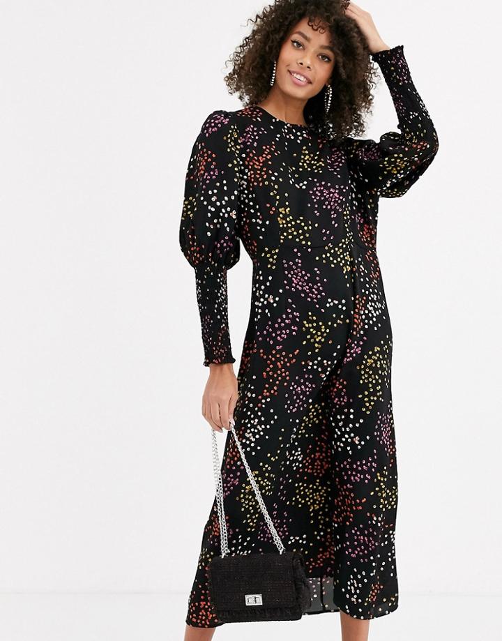 Never Fully Dressed Long Shirred Sleeve Midi Dress In Contrast Black Polka Dot-multi