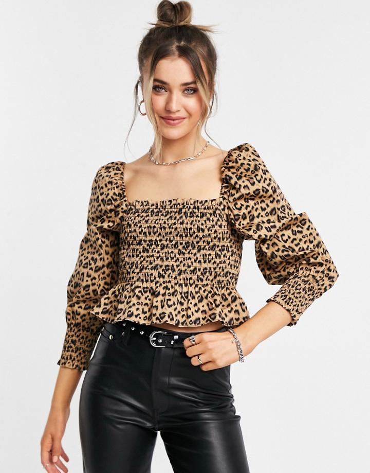 Style Cheat Shirred Peplum Top In Leopard Spot-multi
