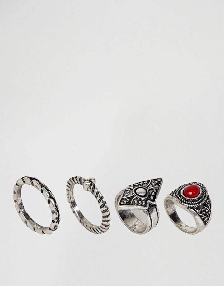 Asos Pack Of 4 Festival Stone And Etched Rings - Red