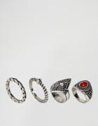 Asos Pack Of 4 Festival Stone And Etched Rings - Red