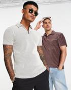 Asos Design Muscle Fit Waffle Zip Polo In Beige-neutral