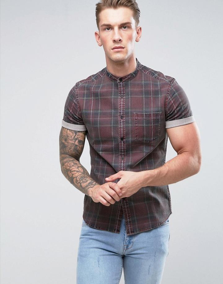 Asos Stretch Slim Denim Check Shirt With Grandad Collar - Red