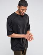Asos Oversized Longline T-shirt With Half Sleeve In Black - Black
