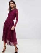 Asos Design Lace Long Sleeve Midi Prom Dress - Red