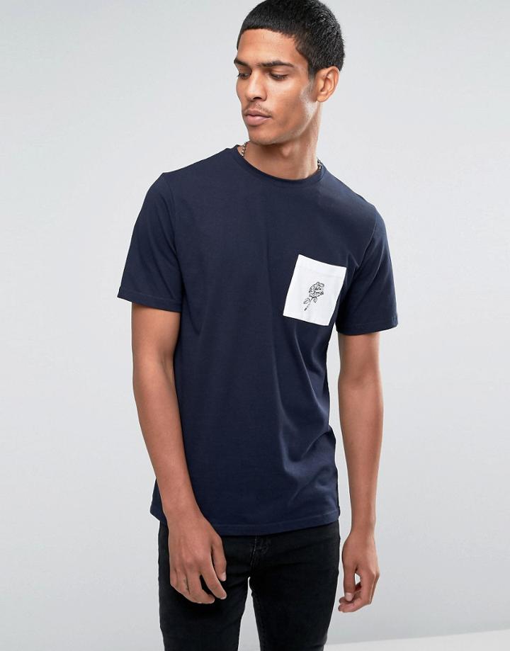 Hoxton Denim T-shirt Rose Print Contrast Panel - Navy
